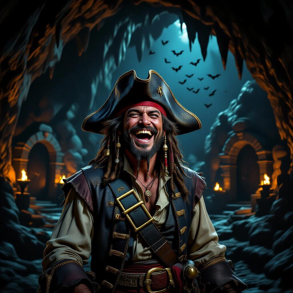 Pirate Captain in Mysterious Cave, Dark Fantasy Art