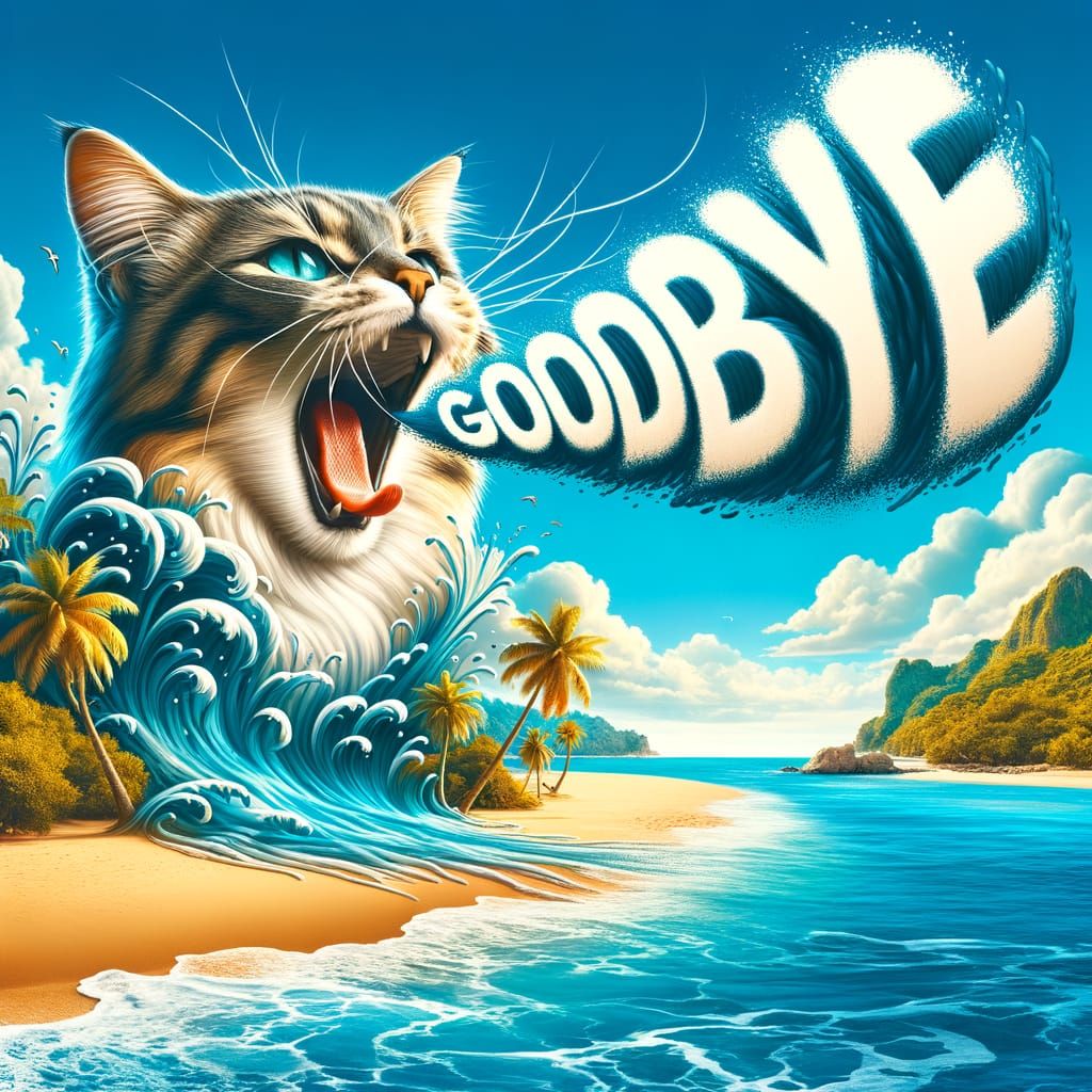 Cat Yelling Goodbye on Desert Island