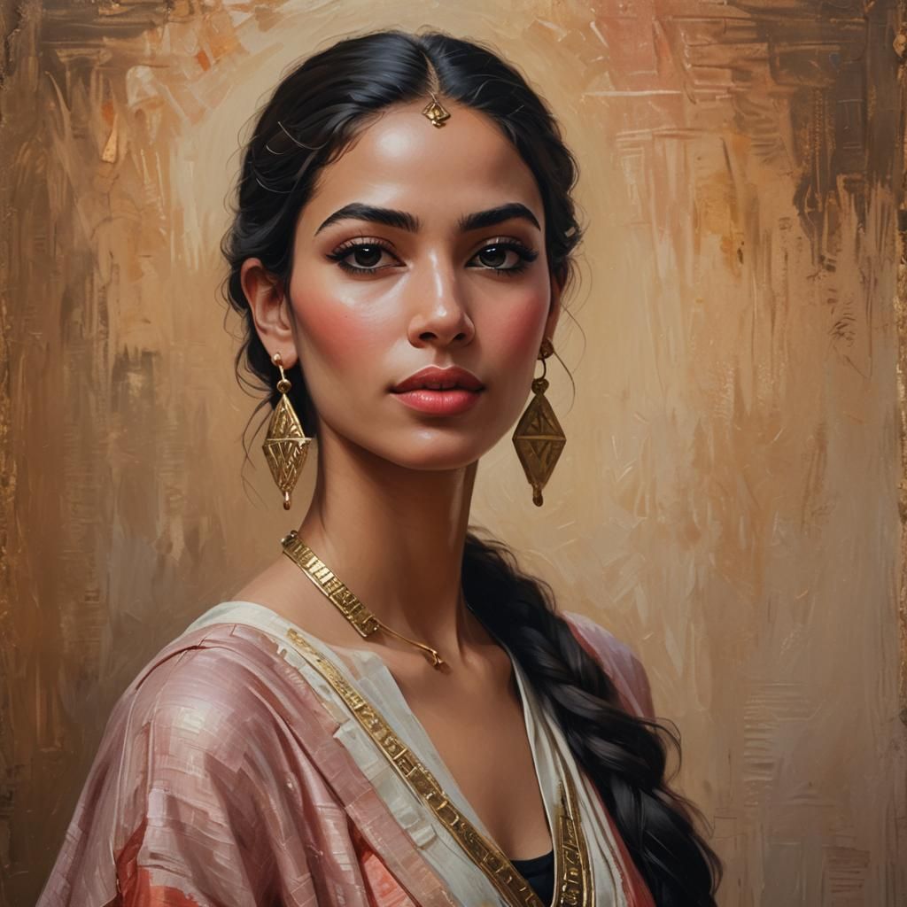 Egyptian Woman Portrait in Softly Illuminated Oil Painting S...