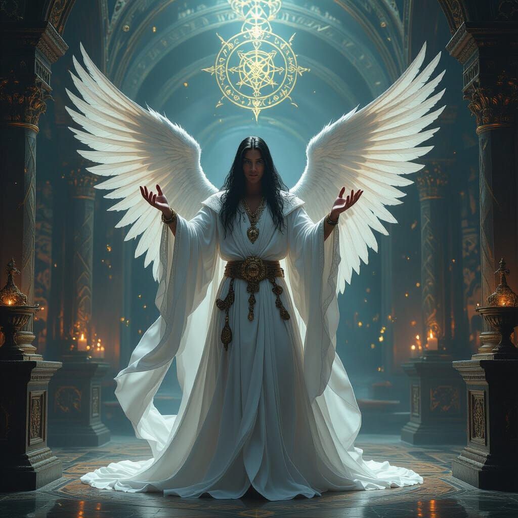 Enochian Angel in Mystical Temple, Biomechanical Style