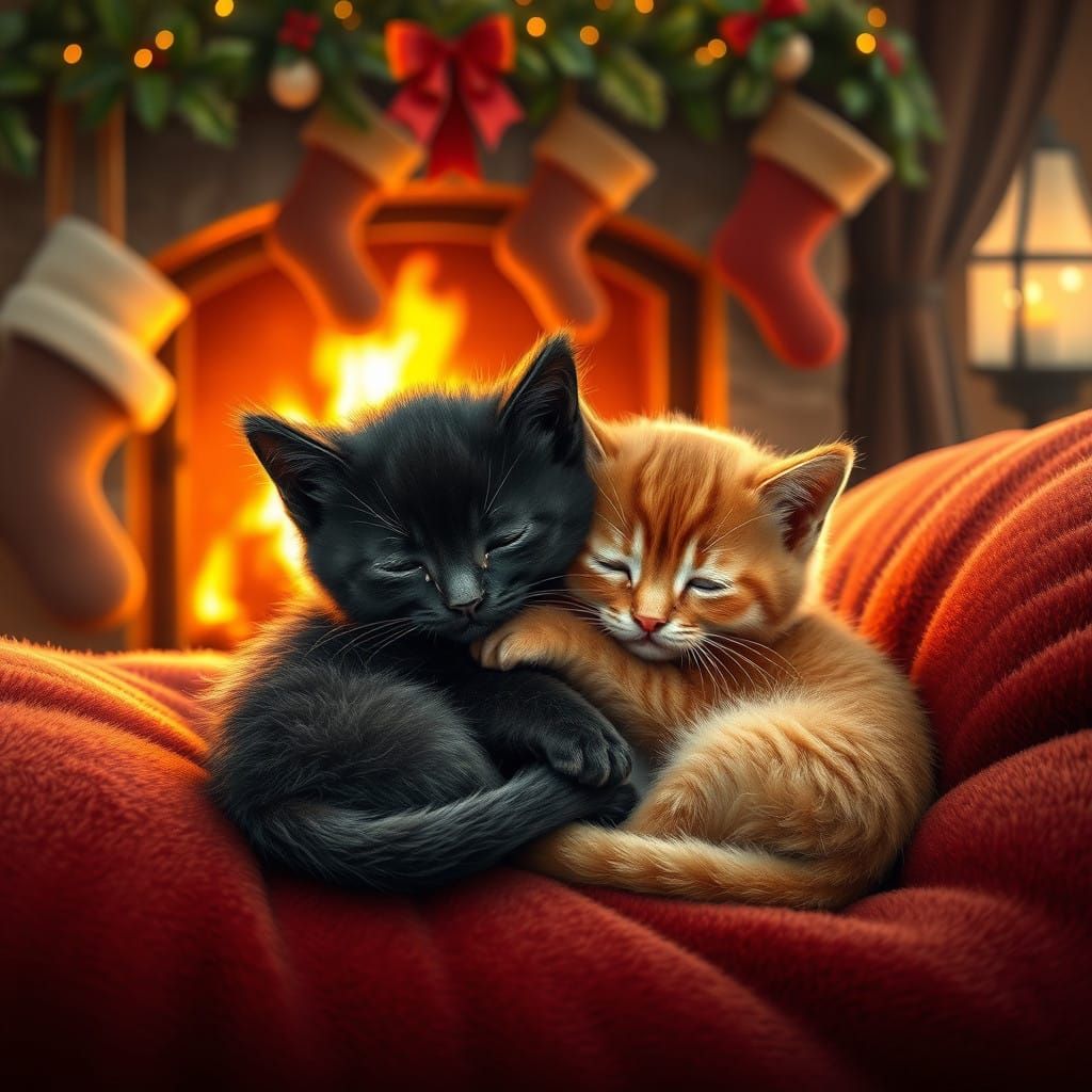 Surreal Christmas Scene of Snuggling Kittens in Photorealist...