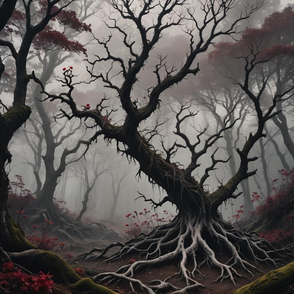 Eerie Dark Fantasy Landscape with Flowers