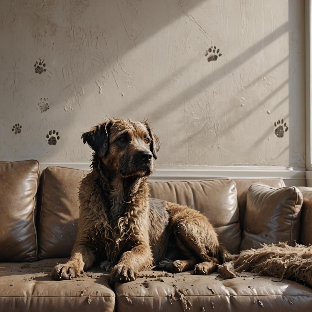 Muddy Dog on Clean Couch: Hyper-Realistic Digital Art