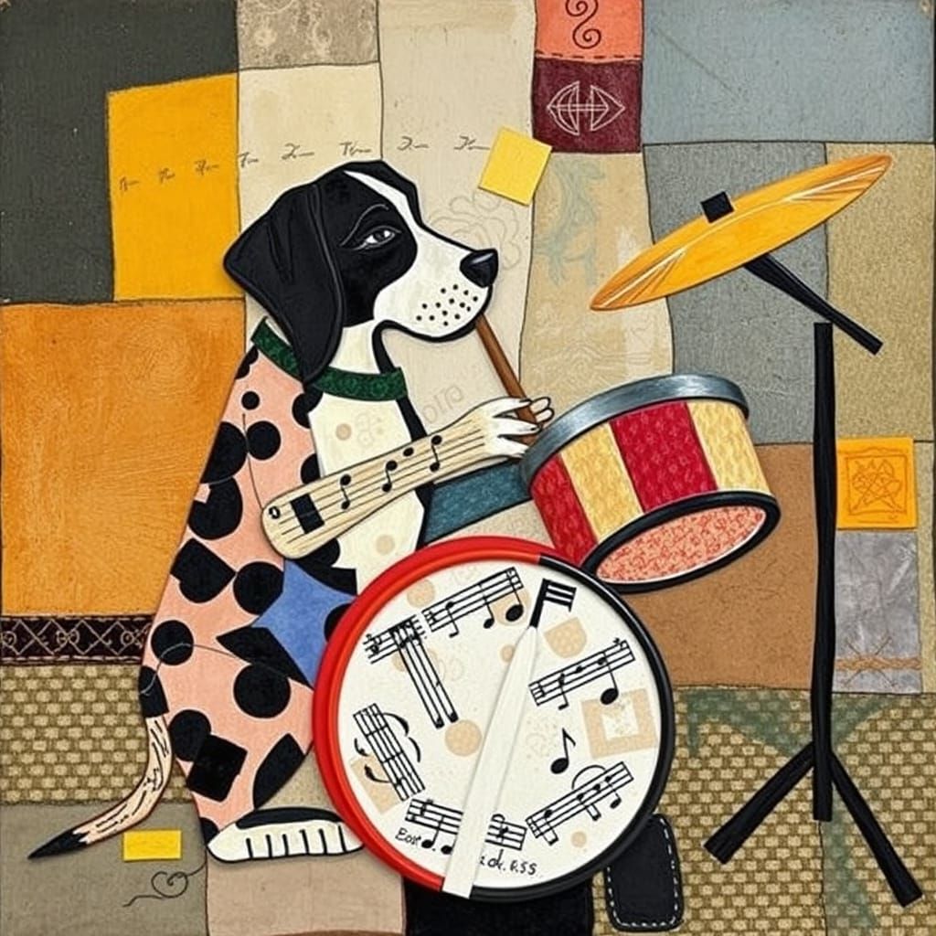 Vibrant Cubist Dog Performs on Patchwork Drums