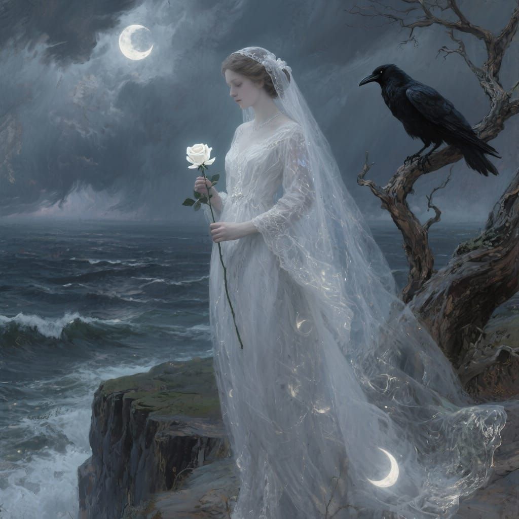 Ethereal Bride on Stormy Cliff with Luminous Rose