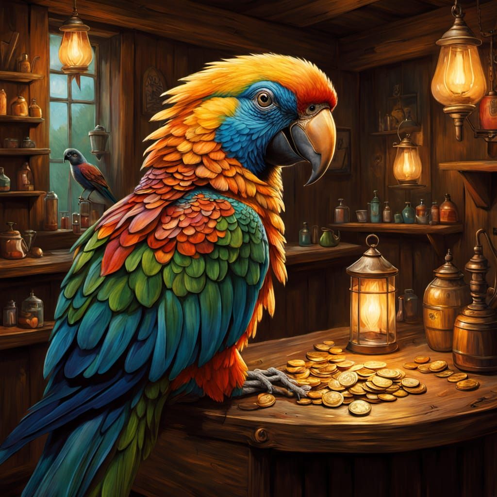 Vibrant Fantasy Parrot Completes Golden Transaction in Taver...