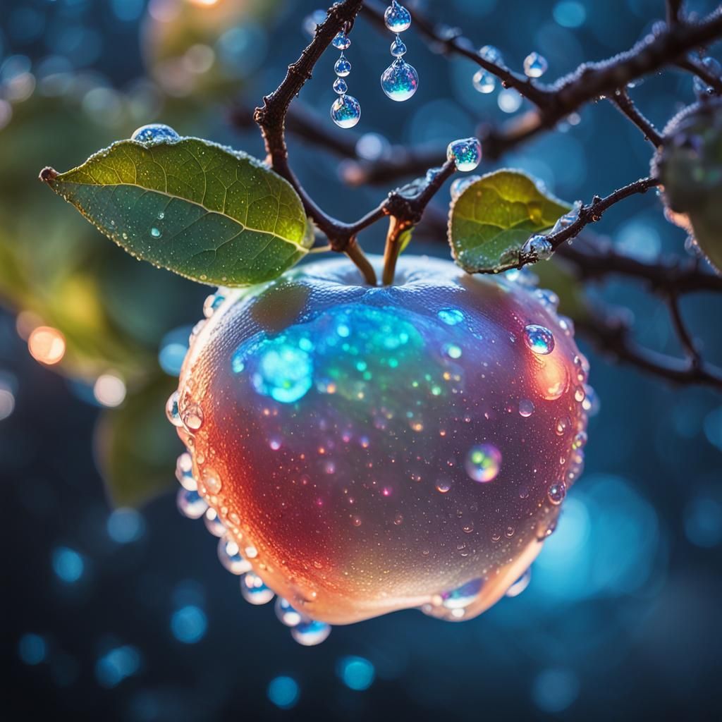 Opal Apple with Dewdrops in Macro Photography Style