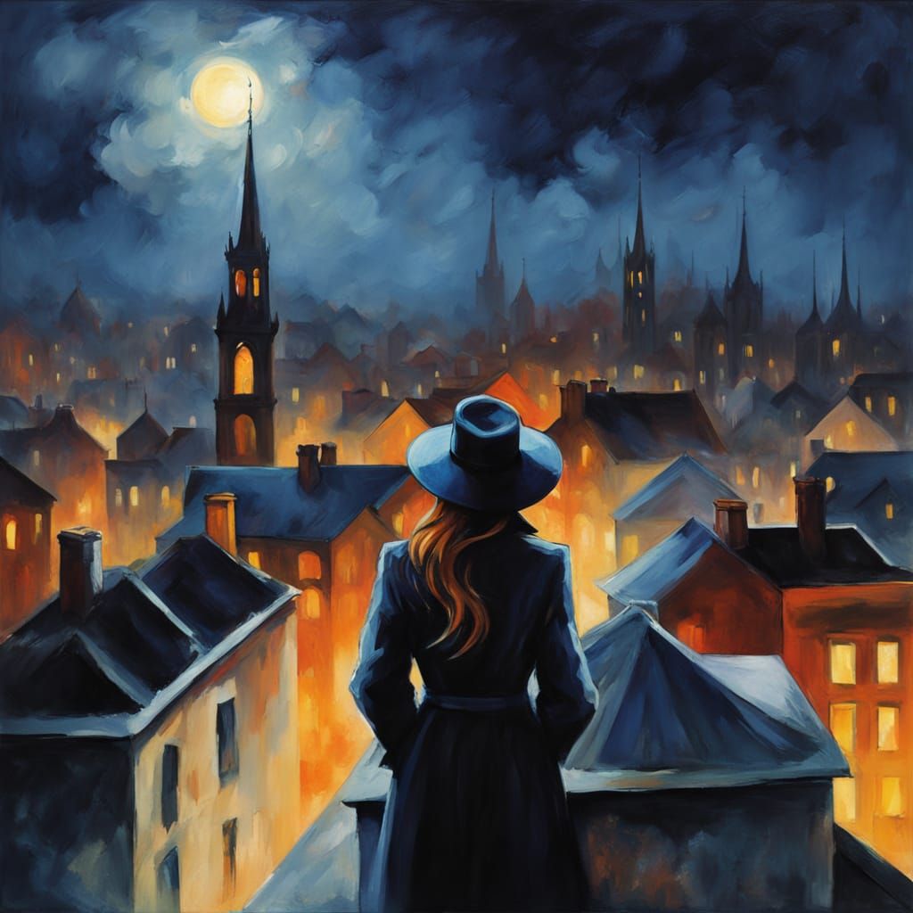 Mystical Woman on a Moonlit Rooftop in Impressionist Style