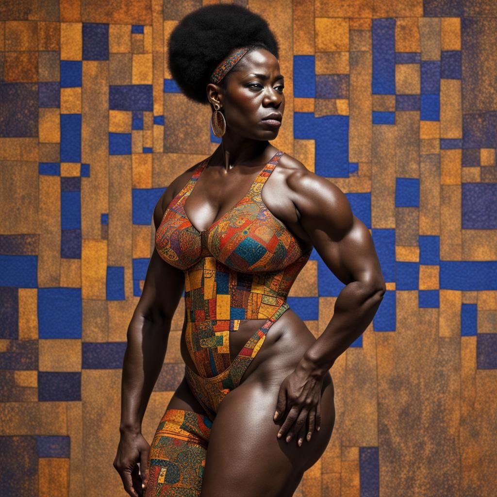 African Bodybuilder in Klimt-Inspired Neo-Primitivism Style