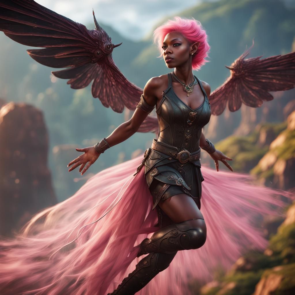 Flying Pink-Haired Elf Woman: Fantasy Concept Art