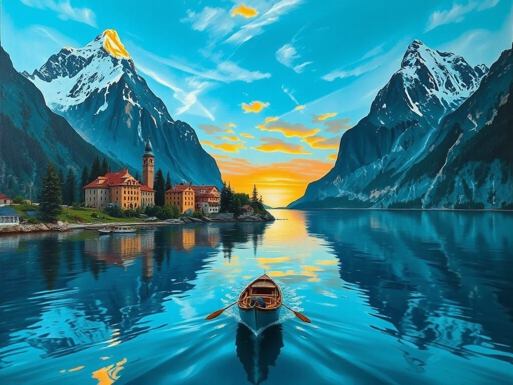 Turquoise Lagoon: Boat Journey in Oil Painting Style