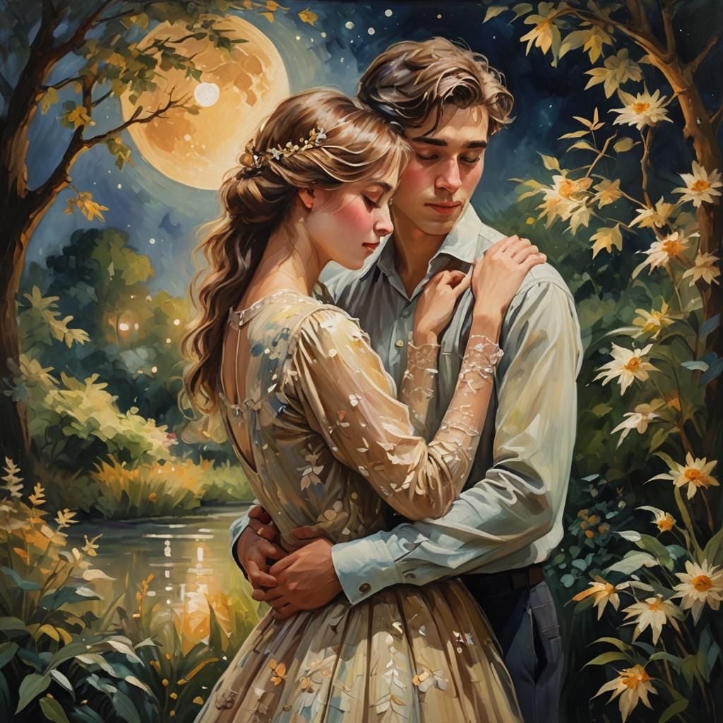 Romantic Couple in Moonlit Garden: Impressionist Oil Paintin...