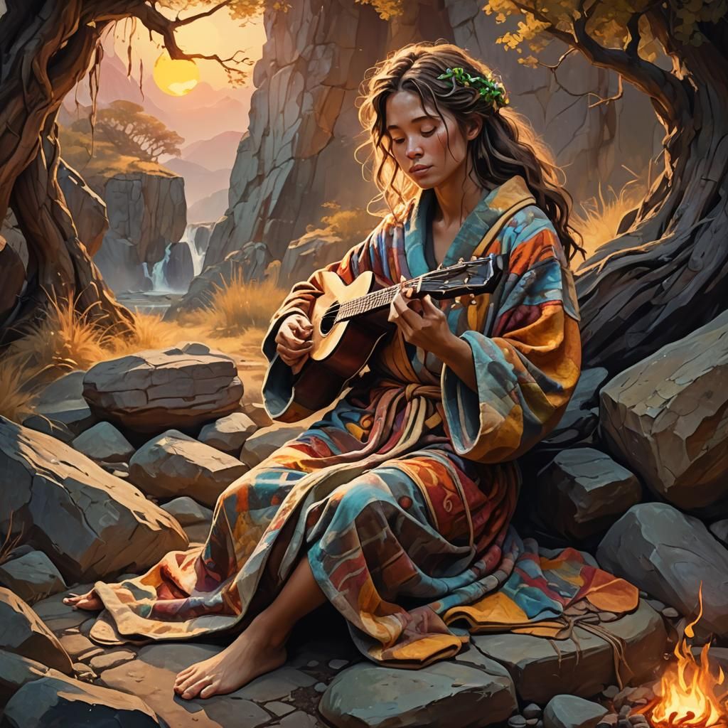 Stone Age Ukulele Transformation: Dreamlike Oil Painting