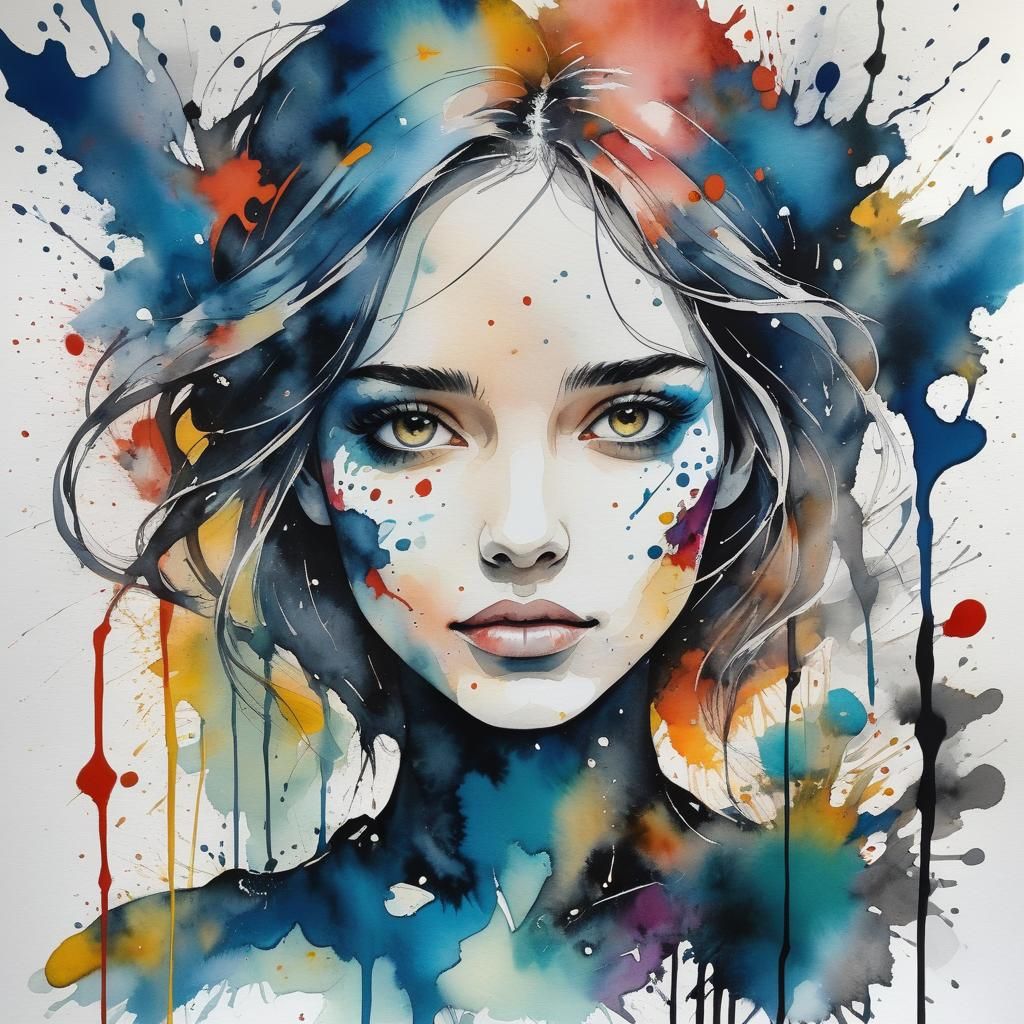 Watercolor Girl with Ink Splashes: Abstract Art