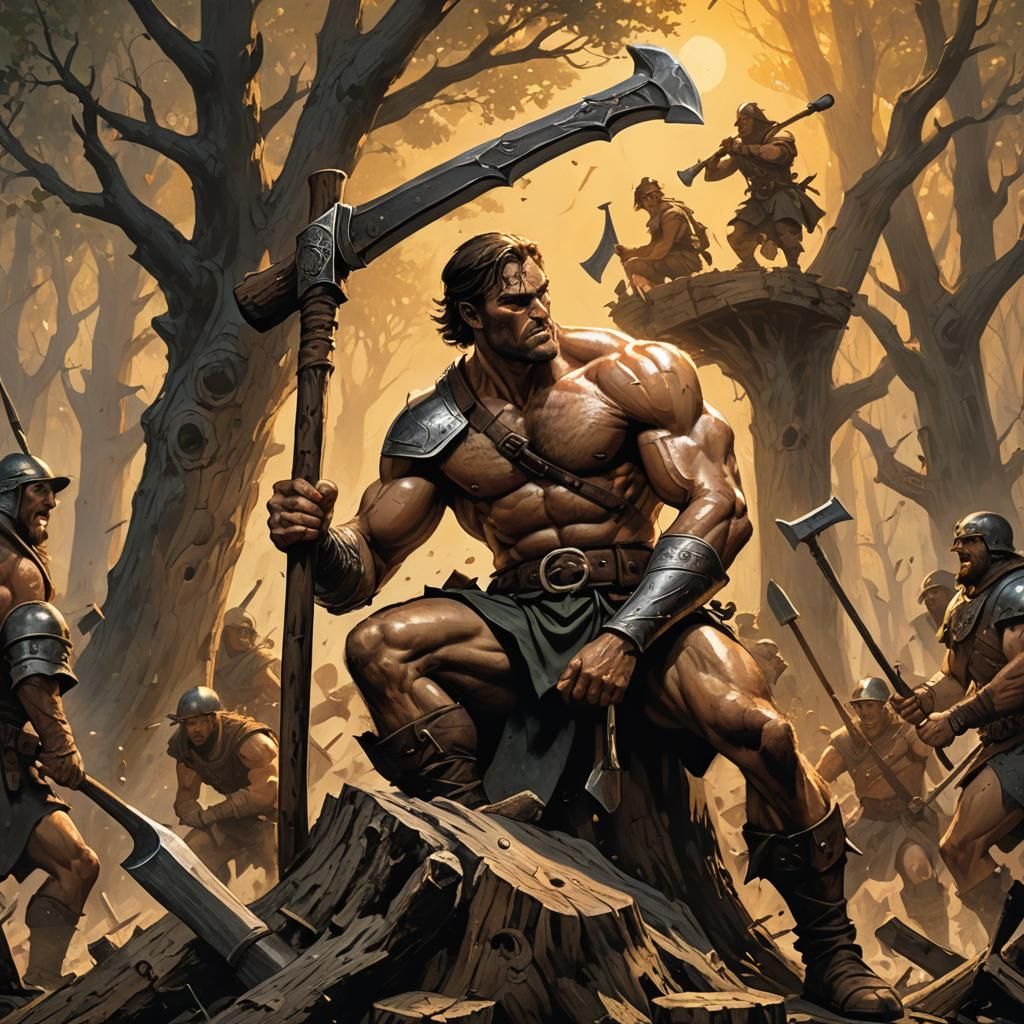 Soldier Sharpens Axe in Frank Frazetta Style