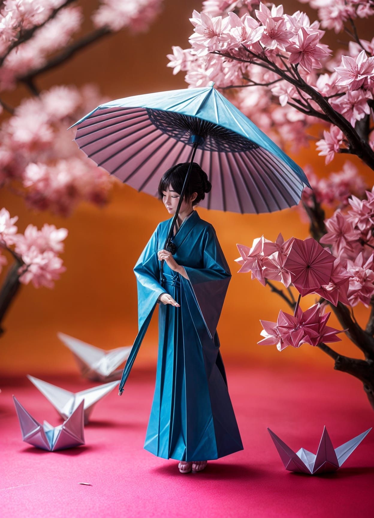 Origami Japanese Woman with Cherry Blossoms