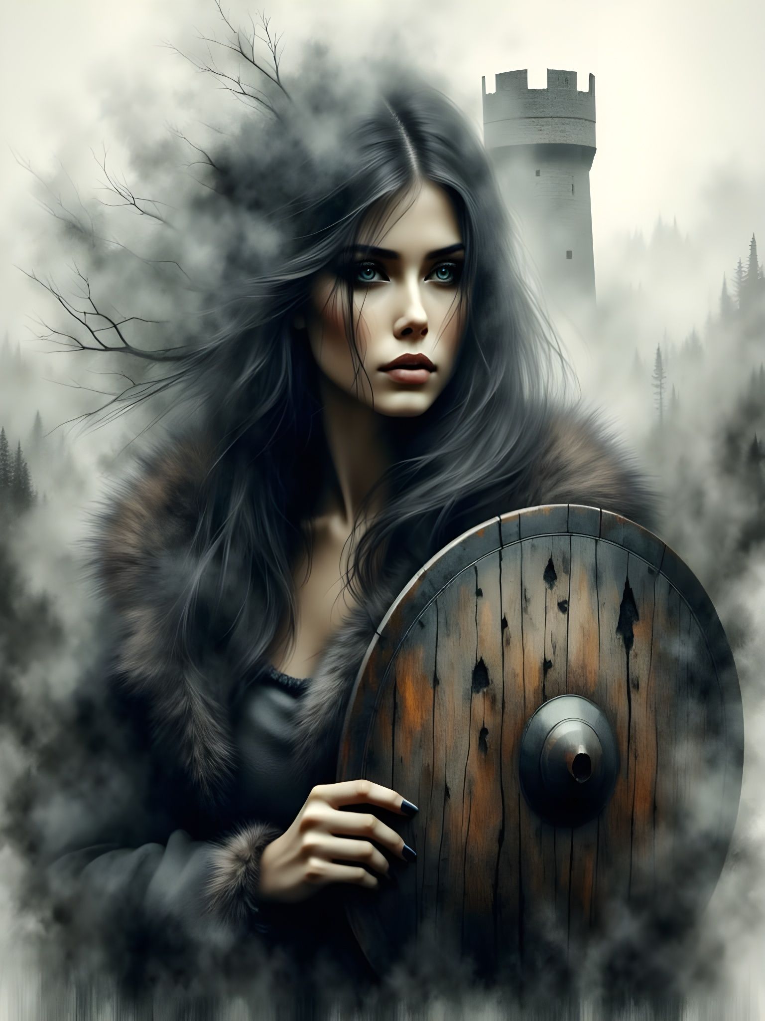 Norse Goddess of Protection in Dark, Monochromatic Portrait