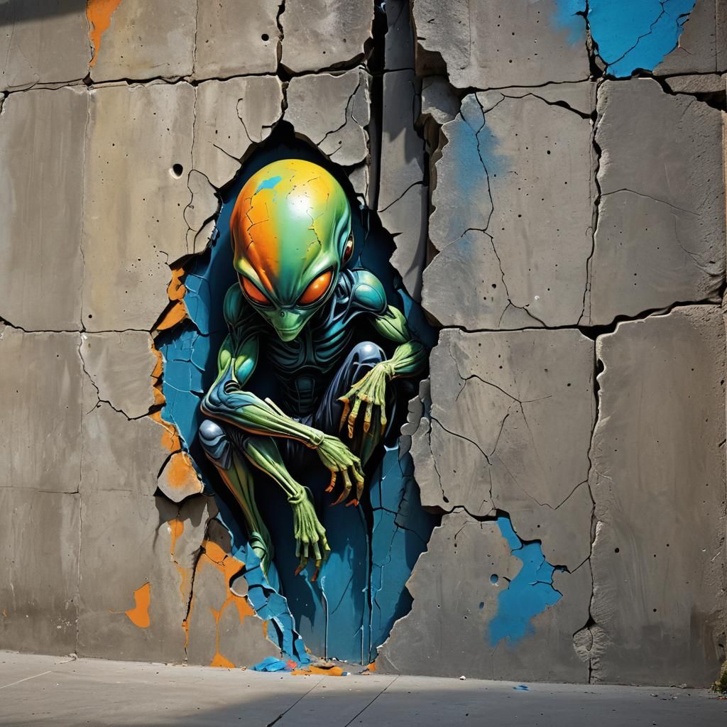 Alien Emerges from Cracked Concrete: Surreal Spray Paint Art