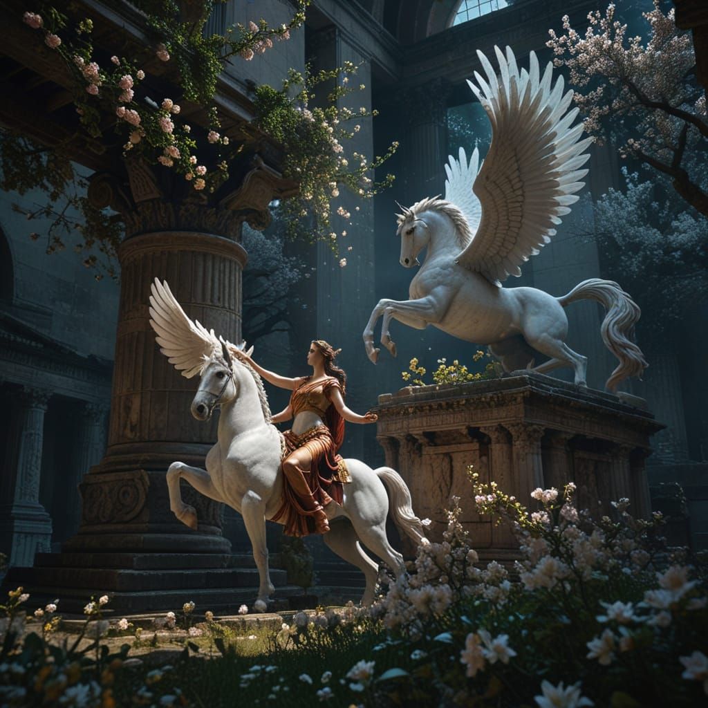 Goddess Offers Pegasus to Zeus in Apple Blossom Temple