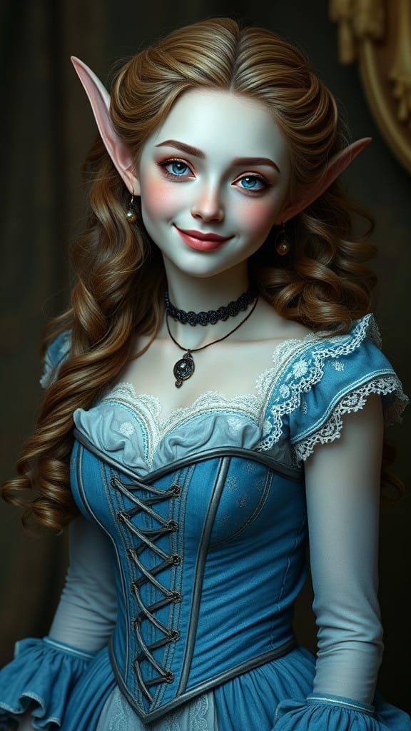 Victorian era female elf with pale skin and smiling with a beautiful face and long curly hair and wearing a corset cornf...