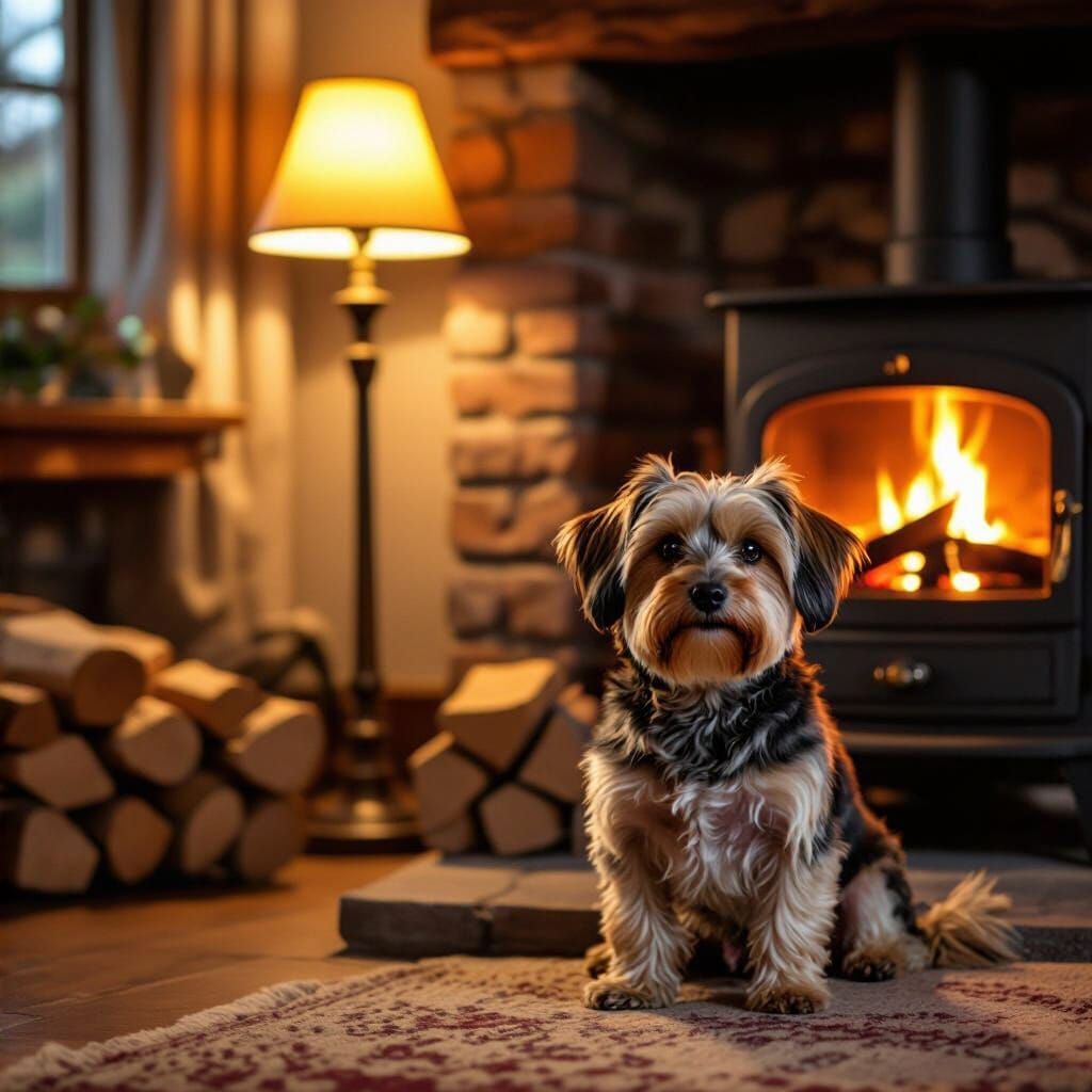 Cozy Dog by Warm Hearth and Grandfather Lamp