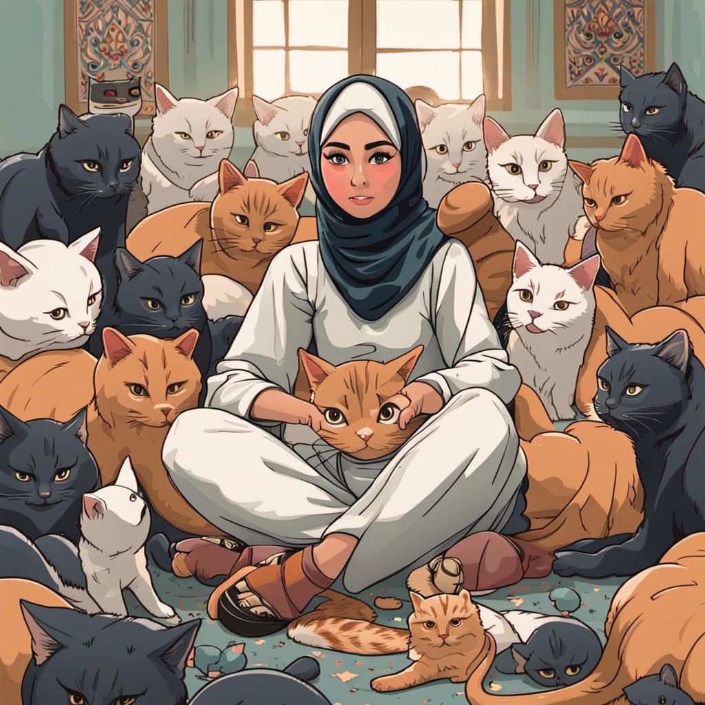 Animated Hijab Woman Surrounded by Cats