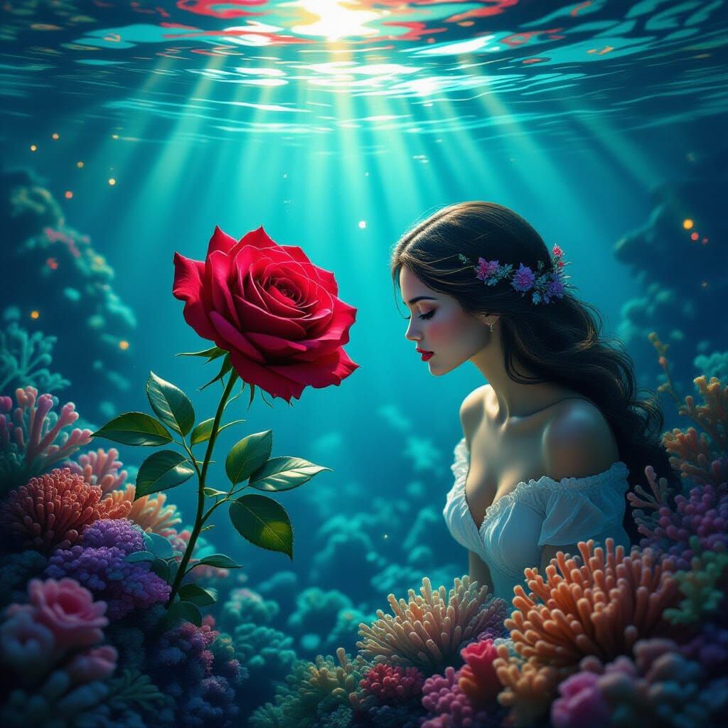 Woman-Faced Rose Tends Underwater Garden