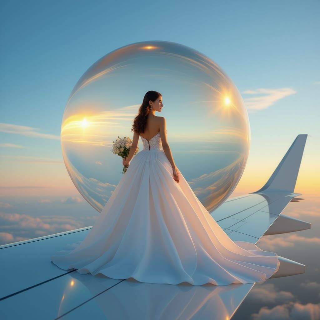Woman in Venetian Glass Ballgown on Airplane Wing
