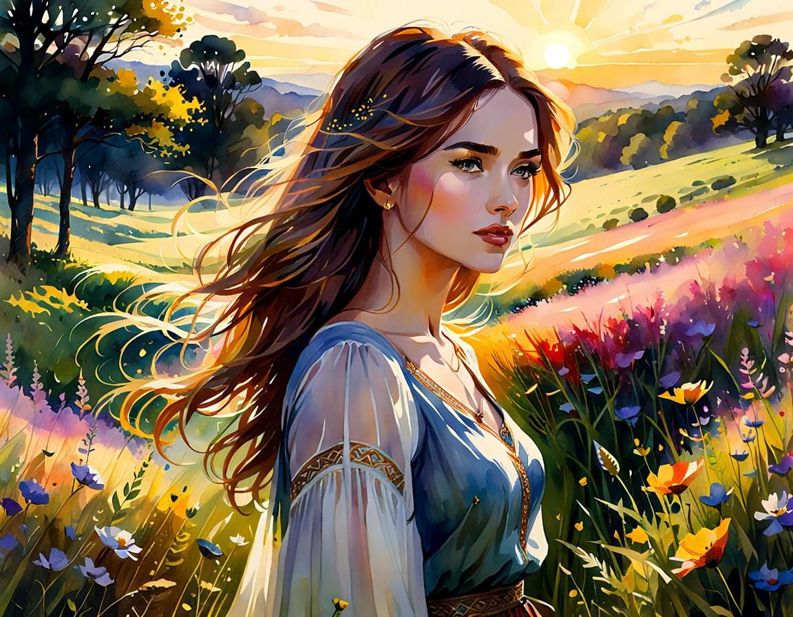 Watercolor Meadow Portrait in Golden Light