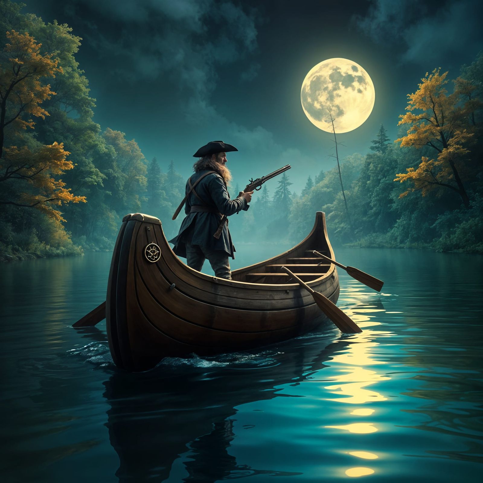 Voyageur in a Fantastical Canoe: A Dreamlike Scene in Detail...