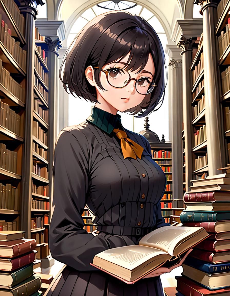 Anime Woman Reading in Sprawling Library