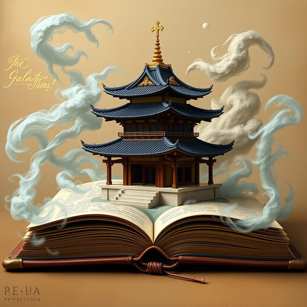 Japanese Pagoda Temple Pop-Up Book: Dreamlike Digital Art