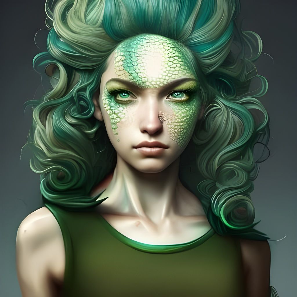 Anime Girl Portrait with Green Hair and Scales