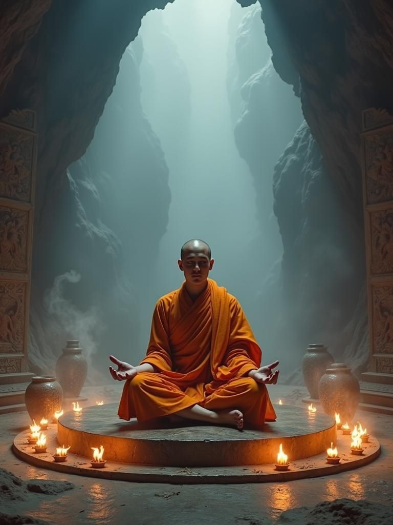 Monk Meditating in Ornate Cavern, Surreal Art