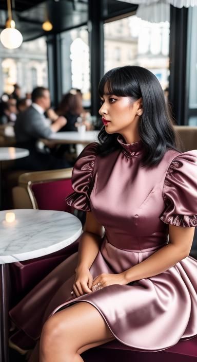 Woman in Extravagant Satin Gown in Cafe