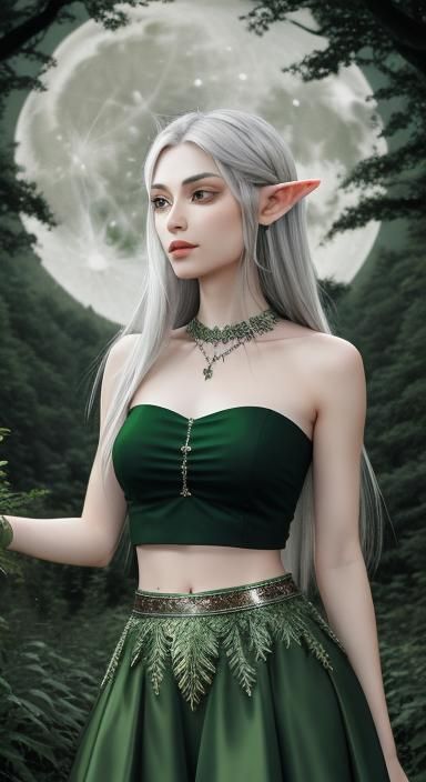 Moon Elf in Green Forest Under Full Moon