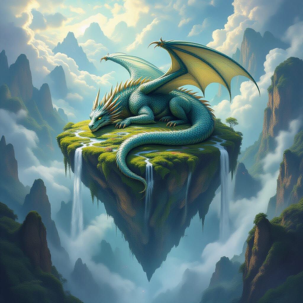Ancient Dragon Sleeps on Floating Island Amidst Nebula