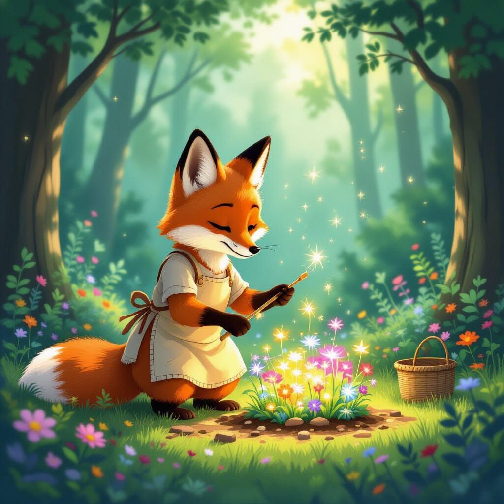Anthropomorphic Fox Tends Magical Glowing Garden