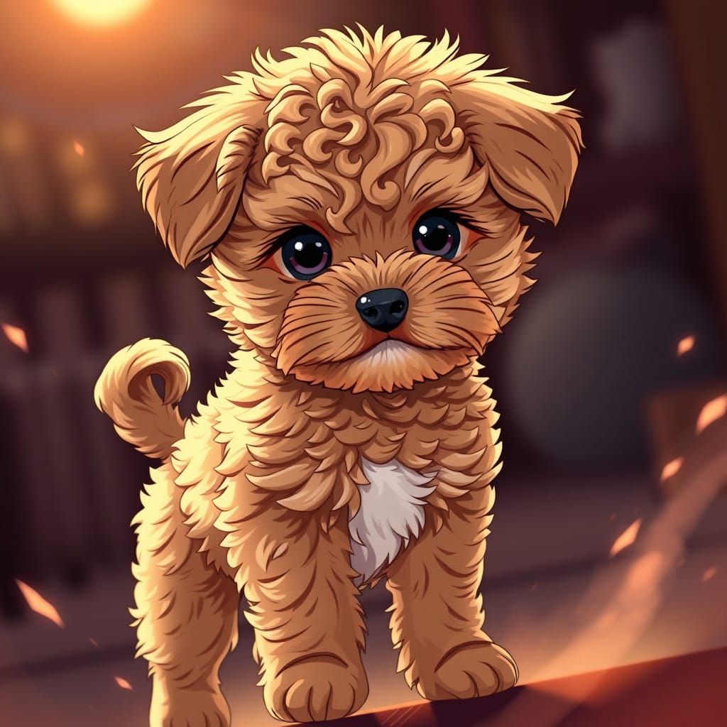 Cute Anime-Inspired Shihpoo Puppy with Curly Fur and Shiny B...