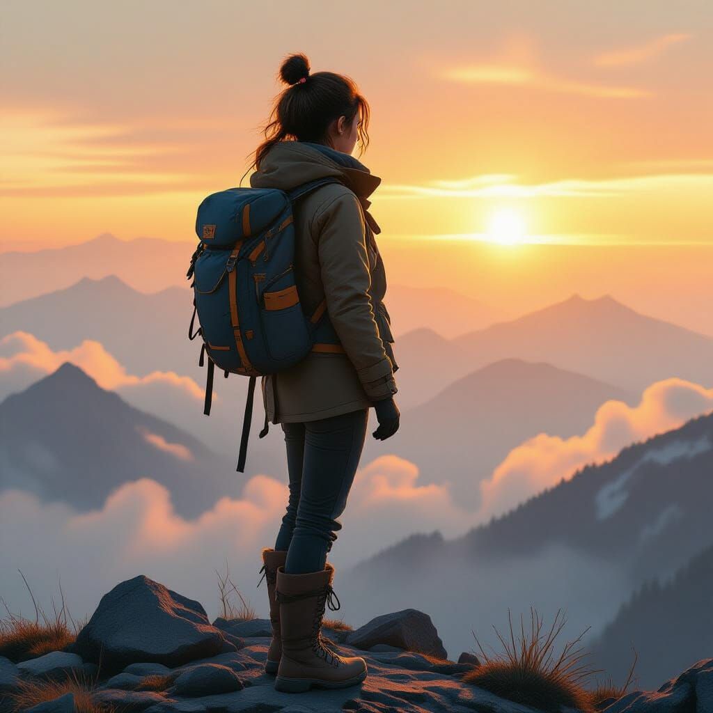 Hiker at Mountain Summit in Digital Painting Style
