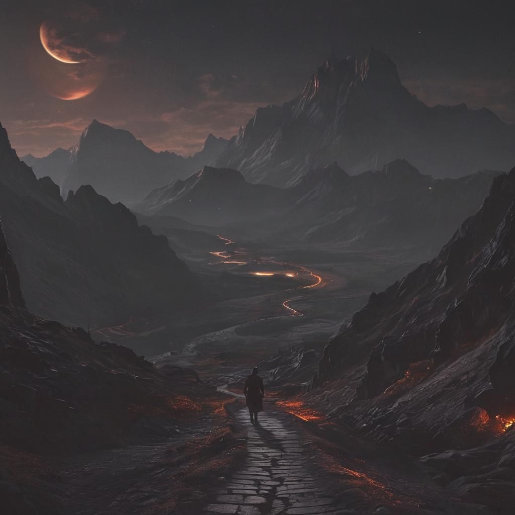 Dark Fantasy Pathway to Fiery Abyss Under Black Moon