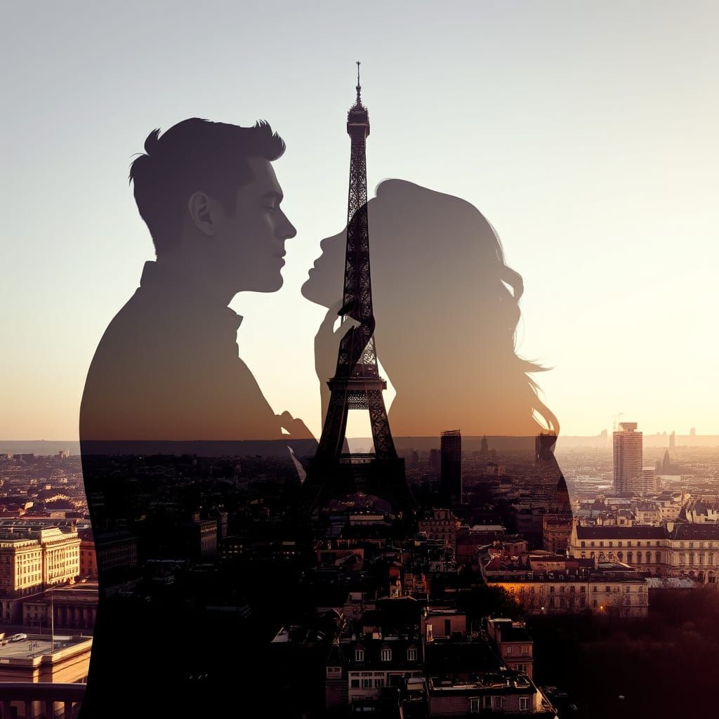 Kissing Couple Silhouette: Paris Double Exposure Art