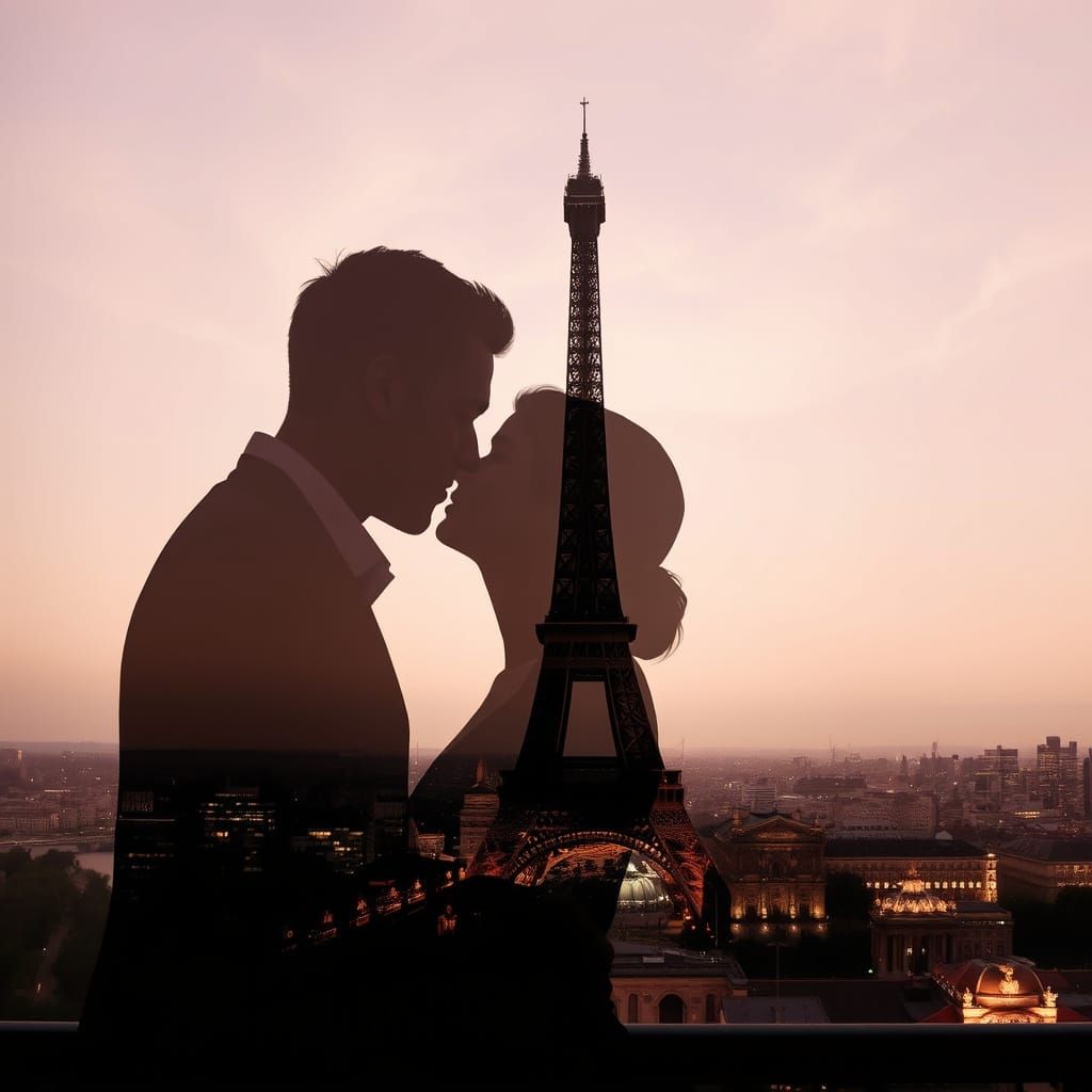 Romantic Double Exposure: Kissing Couple in Paris