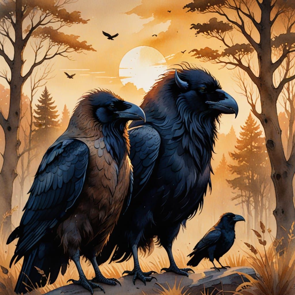 Raven and Buffalo Friendship in Watercolor Style
