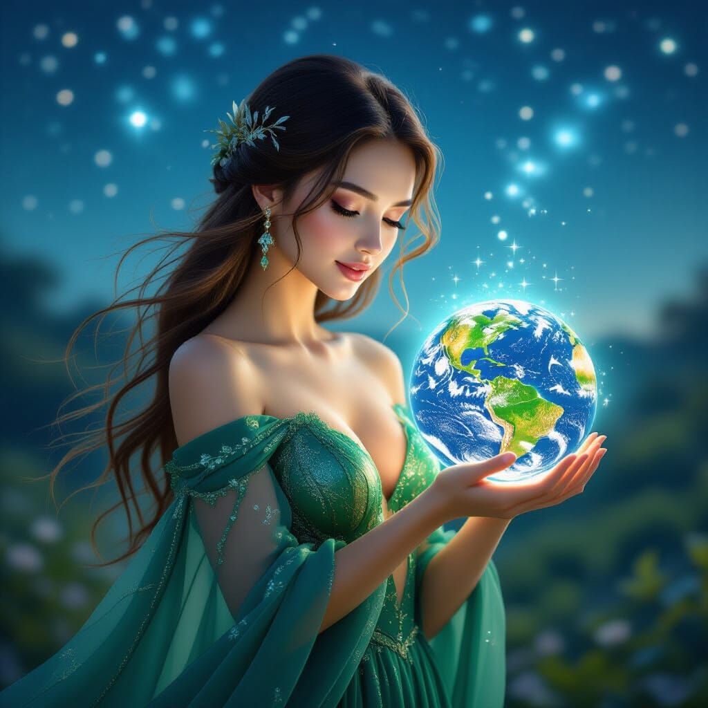Ethereal Woman with Earth Orb in Starry Landscape
