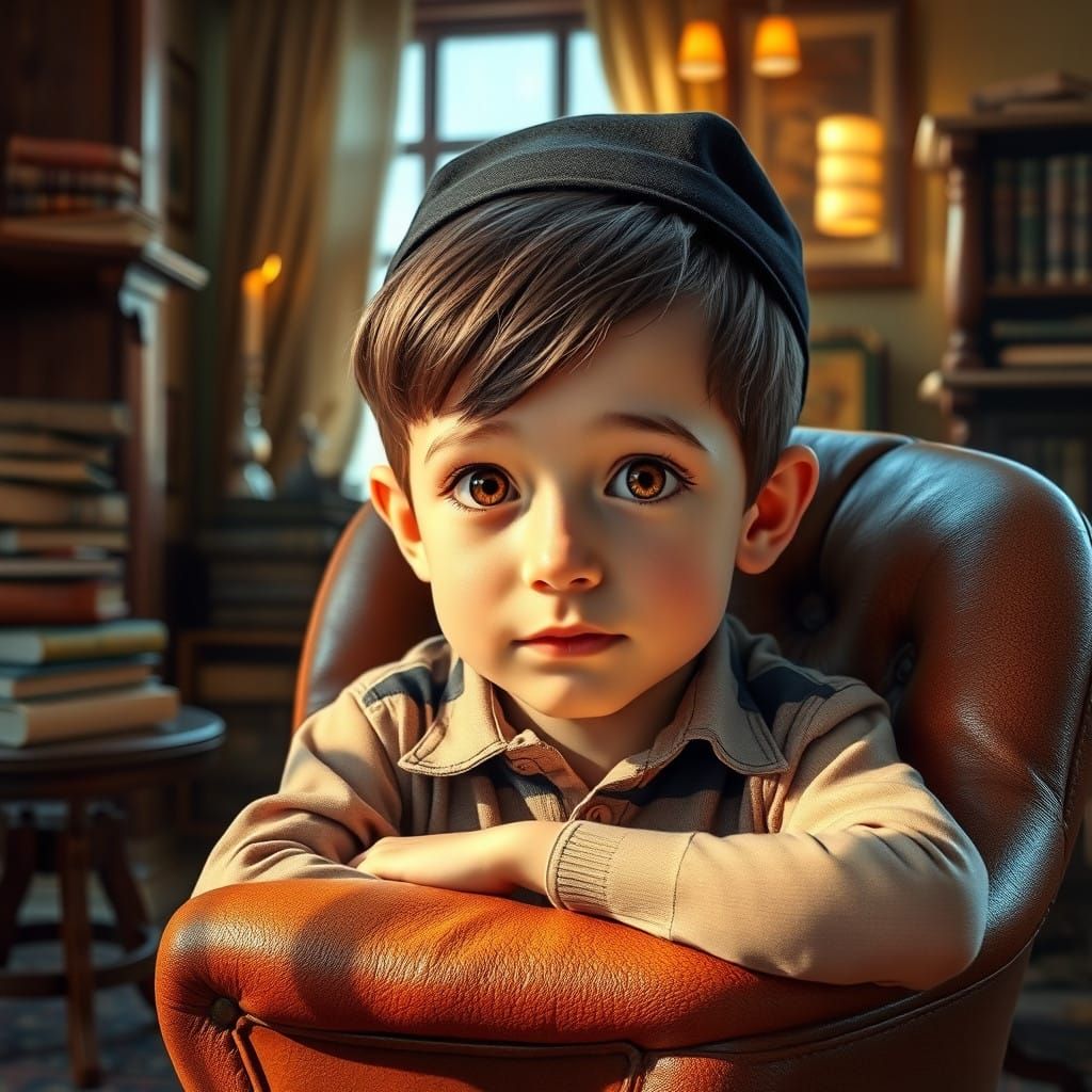 Intricate Jewish Study Scene with Contemplative Hasidic Boy