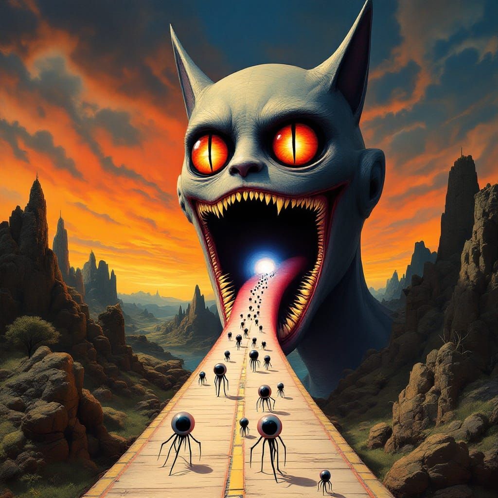 Surreal Portal Head with Cat-Like Eyes and Ethereal Gateway