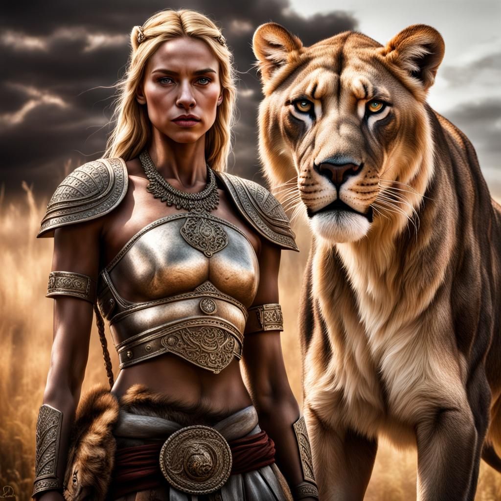 Warrior Girl with Lioness: Hyperrealistic Image
