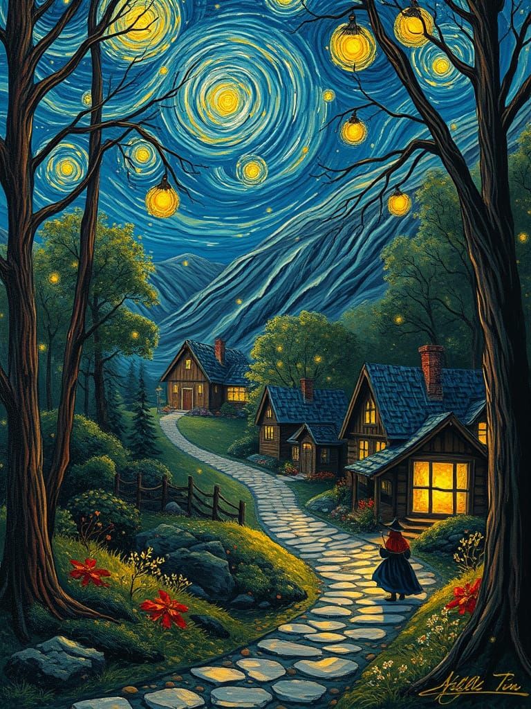 Village in a Whimsical Mystical Forest Scene