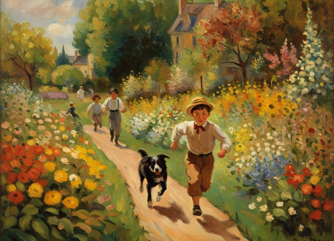 Child and Dog in Flower Garden, Impressionist Style